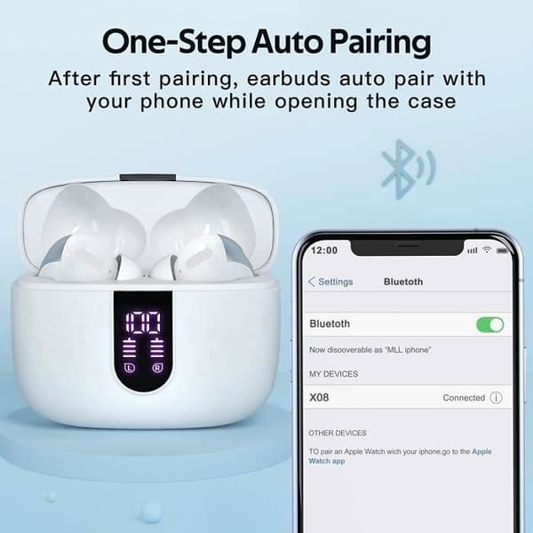 (Hvite) Trådløse ørepropper - Bluetooth - 60 timer - LED-skjerm - IPX5 vanntett - In-ear