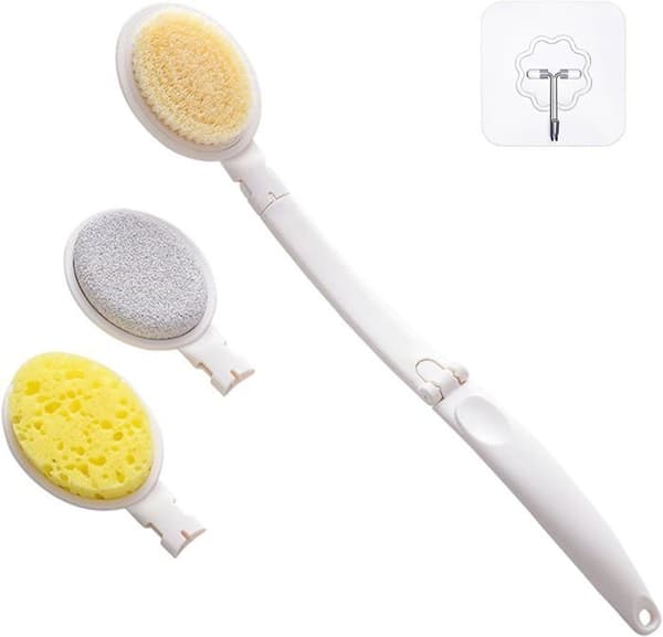 Eksfolierende rygbørste, applikator til bodycreme, tør- og vådbørste.