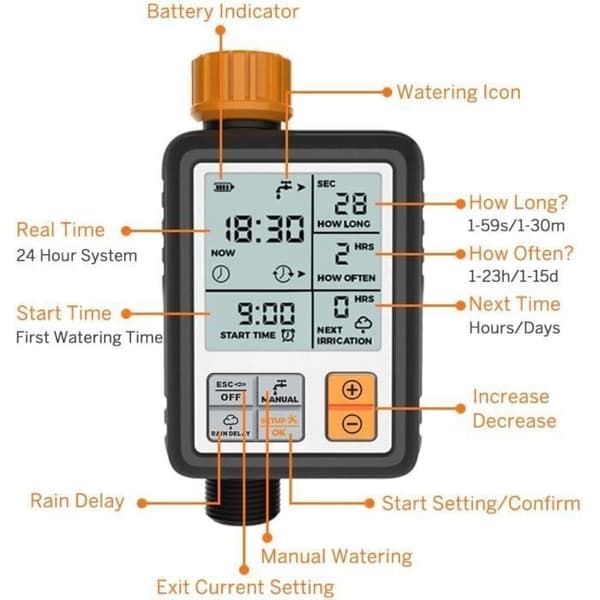 Timer för bevattning utomhus - AUDBURN - Sprinklertimer med stor LCD-display
