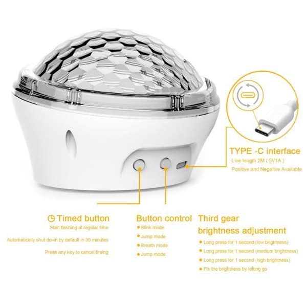 LED-stjernehimmel nattlysprojektor med timer og 4 dynamiske projeksjonsmoduser - hvit - 0,25 kg