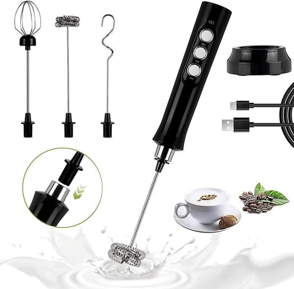 Elektrisk mælkeskummer, USB-genopladelig, justerbar med 3 hastigheder, med 3 piskeris i rustfrit stål, til kaffe, matcha, fløde