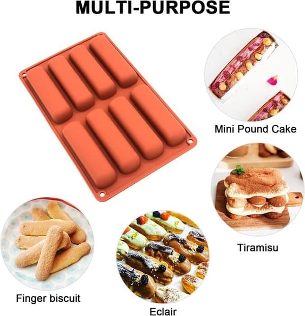 Sett med 2 silikonbakeformer, financier-form, éclair-form, mini-kubeform, silikonform med 8 hulrom,