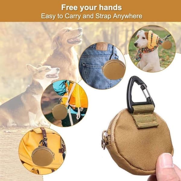 Godbitpose til hund, matpose, khaki godbitposer til hund, med karabinkrok, godbitpose til tur