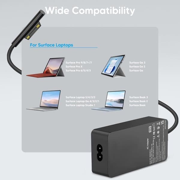 65W lader, kompatibel med Surface Pro 3/4/5/6/7, Surface Go 2/1, Microsoft Surface Book/Notebook/Nettbrett, USB