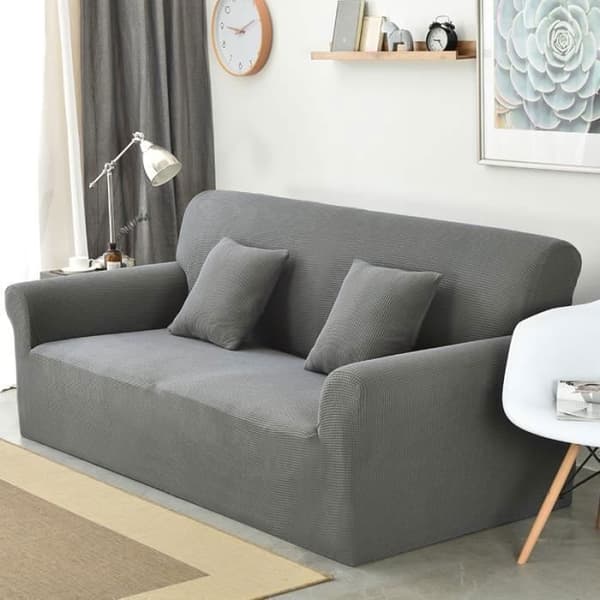 trekk til sofa i elastisk, sklisikker vaffelstrikket grå fleece grått sofatrekk