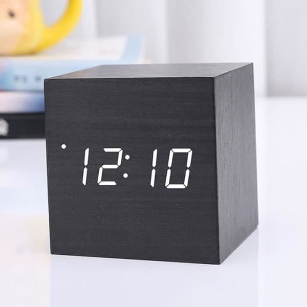 Trævækkeur Termometer Timer Mini Sort