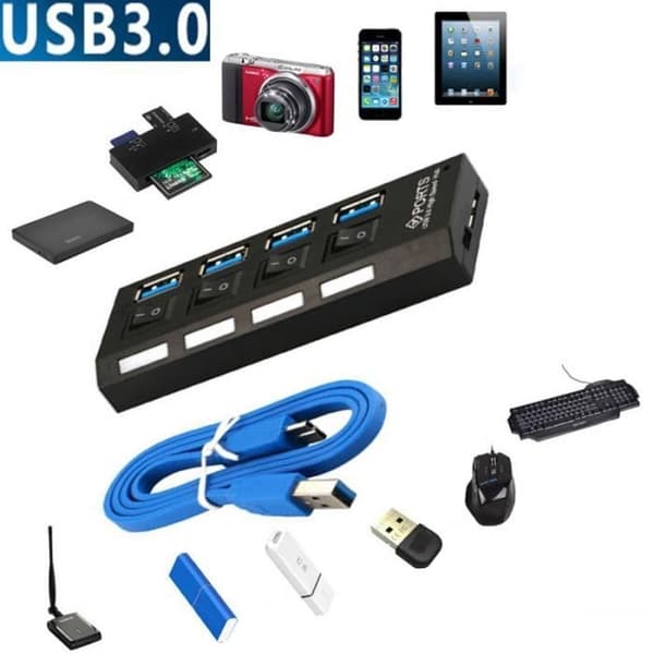 4-ports USB 3.0 hub med strømafbryder/splitter, Plug & Play + strømadapterkabel til pc (EU) GOBRO