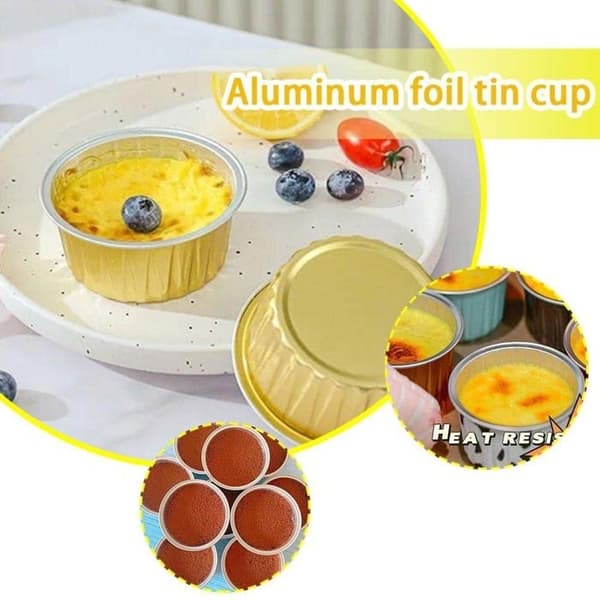 50-delte genanvendelige aluminiums ramekinforme, cupcakeforme, mini buddingforme til fester og jul (130 ml), guldfarve