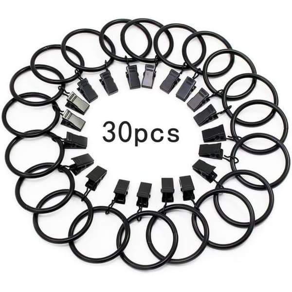 30 stk. gardinringe med robuste metalklips, rustfri, til gardinstænger, 32 mm indvendig diameter, sorte