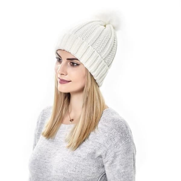 (Vit) Dammössa - enfärgad, stor päls, lös passform, varm, elastisk, hårskydd, stickad mössa - vit