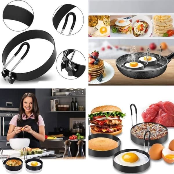 (Sort) Æggeform - Rustfrit stål - Rund - Non-stick - 4 stk. - Til omeletter og pandekager