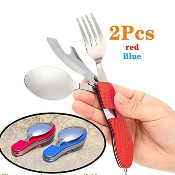 (Blåröd) Campingbestick, 2-pack hopfällbart bestickset med skedöppnare, bärbart bestick (Blåröd)