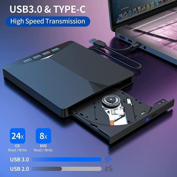 Ekstern USB 3.0 bærbar DVD CD-brænder - 7 i 1 multifunktions DVD-brænder - til Windows 11/10/8/7