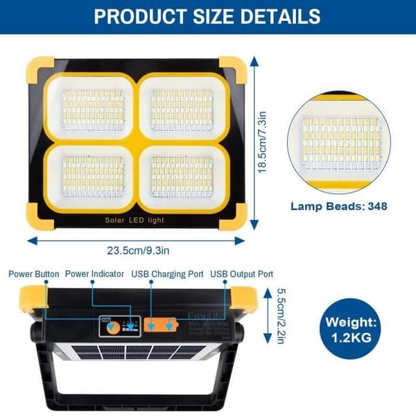 Oppladbar LED-flomlys - YANSION - 80W - 348 LED-lys - Solcellepanel - 4 lysmoduser
