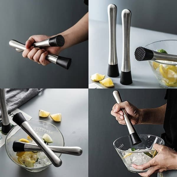 21 cm cocktailmuddler i rustfritt stål med rillet nylonhode og fruktblender