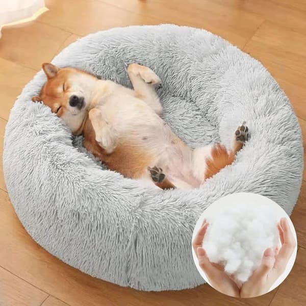 (Grå) Katte-/Hundekurv - Varm - 60 cm - Lysegrå - Plys - Cylindrisk - Angstdæmpende