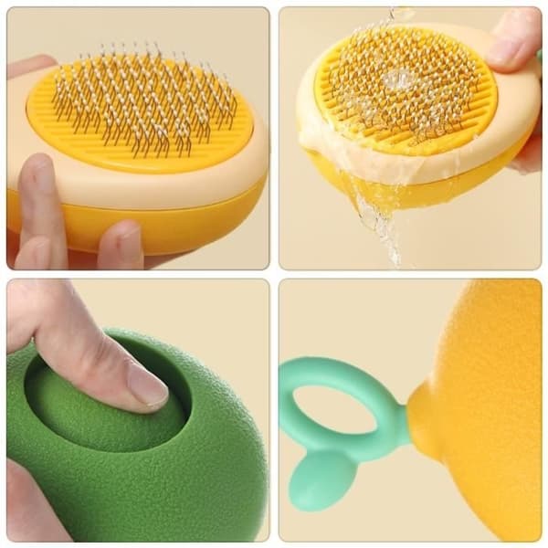 (Gul) Hunde- og kattebørste - Selvrensende - One-Touch-design - Blid massage - ABS og rustfrit stål