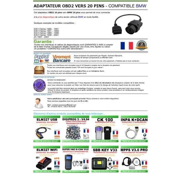 JEC OBD 20 OBD2 - BMW 20-nastainen sovitin - Autodiagnostiikka - E30 E34 E6 E45 E39 - INPA