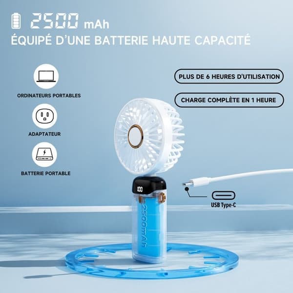 Mini bærbar USB håndholdt ventilator, 5-hastigheds foldbar bordventilator med base, lille lommeventilator - blå