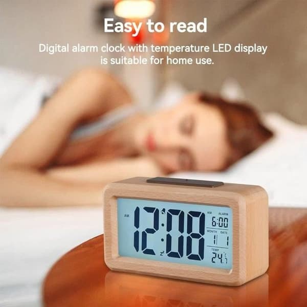 Digital väckarklocka, sängklocka, digital väckarklocka i trä, digital LED-klocka