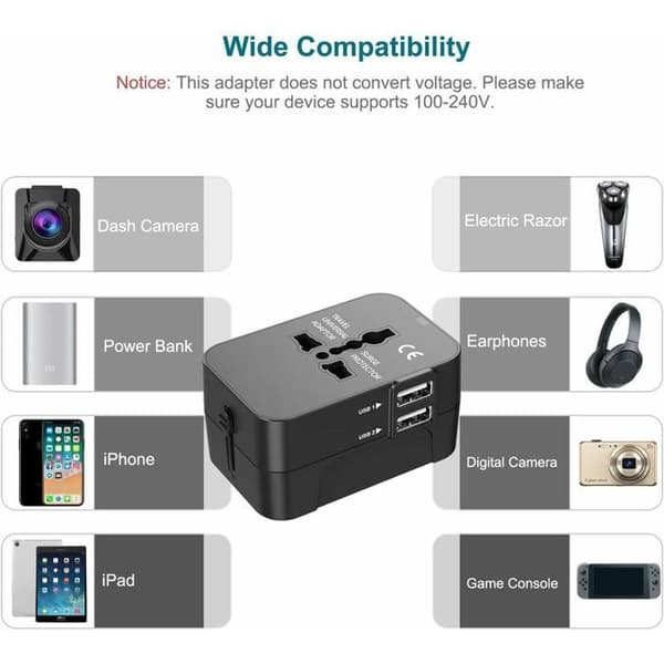 Universell reiseadapter, universell reiseadapter, universell reiseadapter med 2 USB, strømadapter