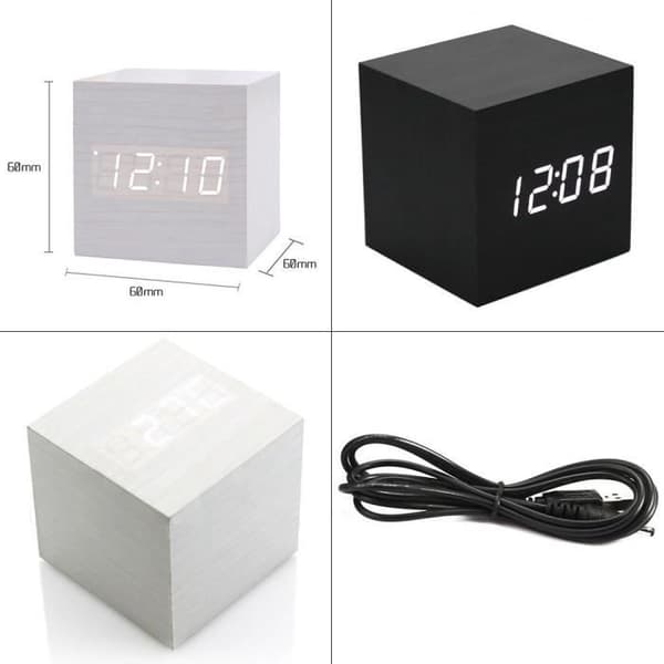 Vekkerklokke i tre, termometer, timer, mini, svart