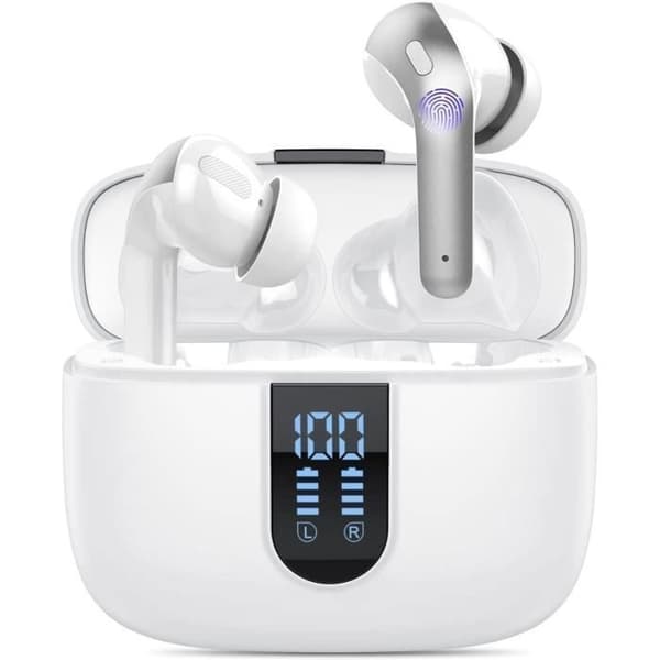 (Hvide) Trådløse øretelefoner - Bluetooth - 60 timer - LED-display - IPX5 vandtæt - In-ear