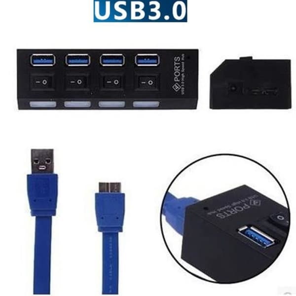 4-ports USB 3.0 hub med strømafbryder/splitter, Plug & Play + strømadapterkabel til pc (EU) GOBRO