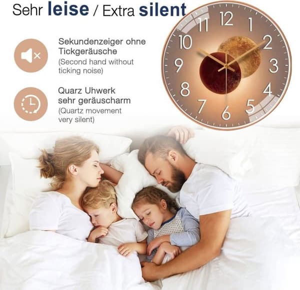 Tyst väggklocka, 30 cm, med modern design, lämplig för sovrum, kök och vardagsrum.