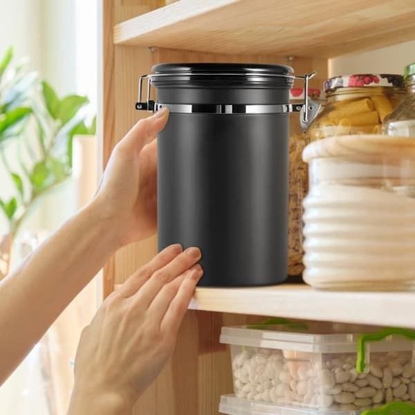 (sort) 1,8L lufttæt kaffekande i rustfrit stål til kaffebønnebeholder - sort