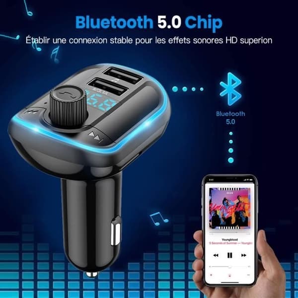 PRUMYA Bluetooth FM-sender - Håndfrit sæt til bil - Dobbelt USB-porte 5V/3.1A