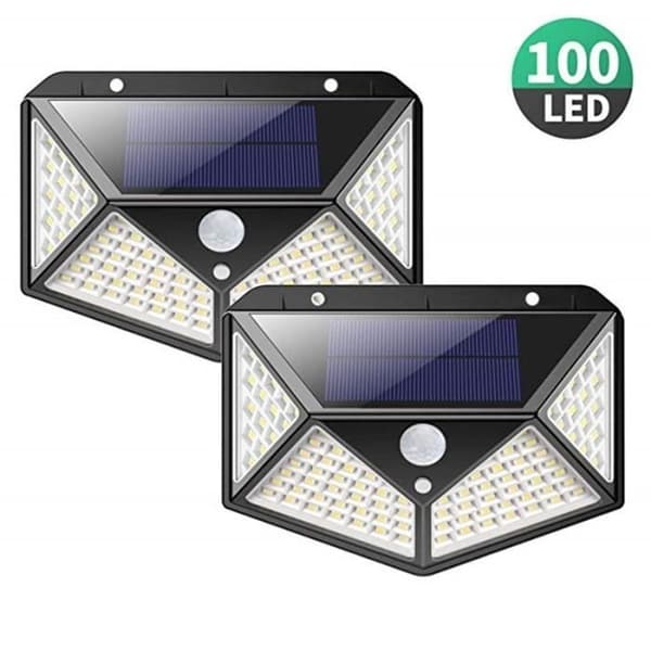 (Sort) Sæt med 2 udendørs solcellelamper, 100 LED'er, bevægelsessensorbelysning, væglampe