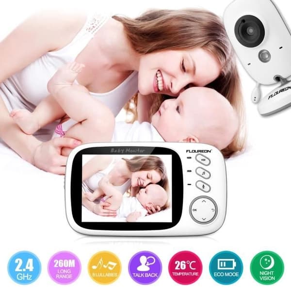 FLOUREON Digital Babymonitor 3,2" Trådløs 2,4 GHz LCD Sikkerhetskamera Nattsyn EU