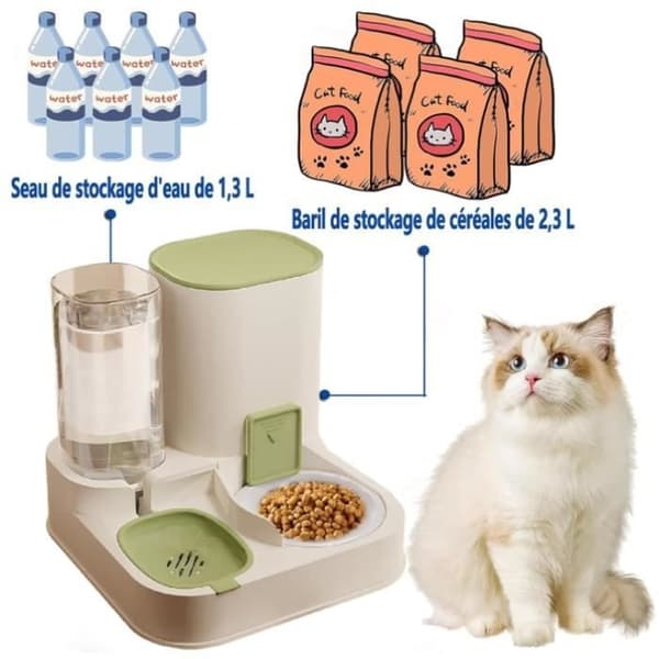 (Grøn) Kattefoderdispenser - 2 i 1 - Nem at rengøre - Automatisk drikkekar - Grøn