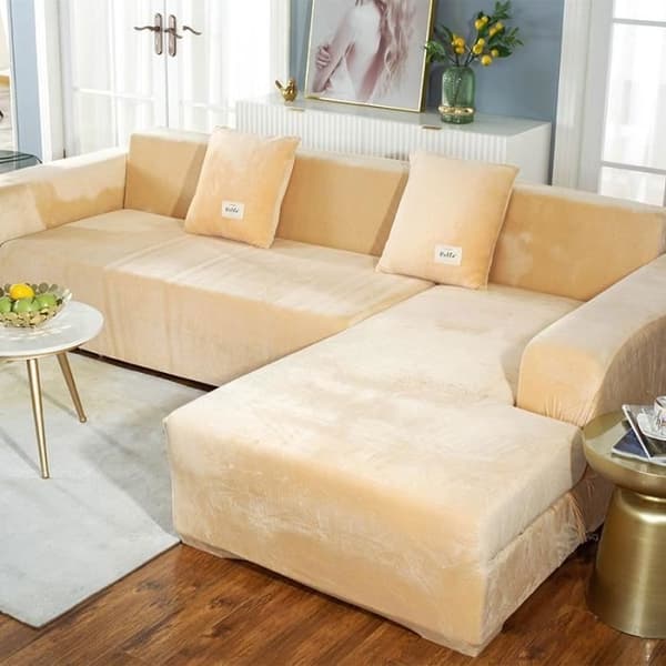 Sofföverdrag i sammet, mjukt plyschigt sammetssofföverdrag för soffa, typ L 2+3-sits, beige