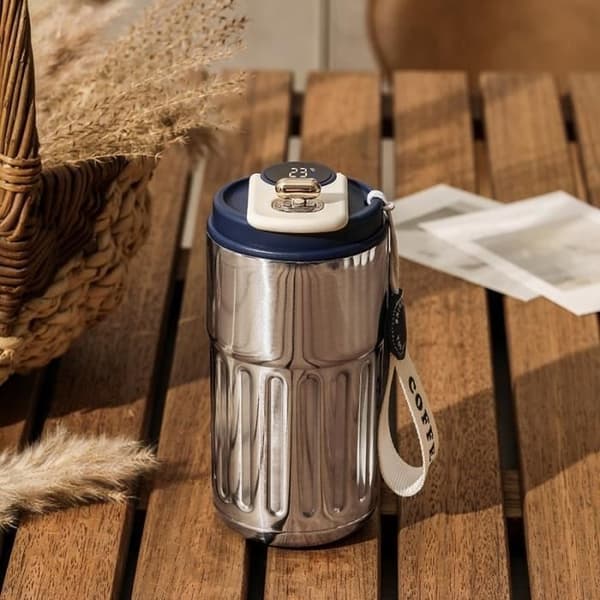 (Vit Röd, Vit Kaffe, Vit Blå, Silver Kaffe) Silver Blå - Smart kaffetermosmugg med intelligent temperaturdisplay, rostfritt stålmugg