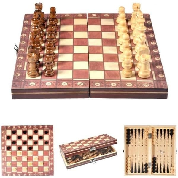 Hopfällbart magnetiskt schackspel i trä - 3 i 1 - Vuxen