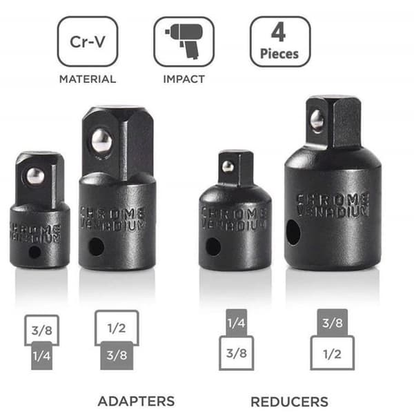 Topnøgleadaptere - Pillote - 4 stk. - 1/2" til 3/8" - 3/8" til 1/4" - Længde 36 mm