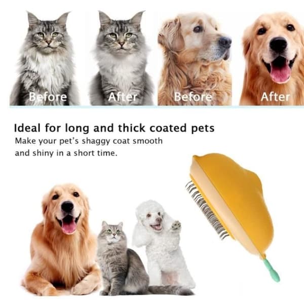 (Gul) Hunde- og kattebørste - Selvrensende - One-Touch-design - Blid massage - ABS og rustfrit stål