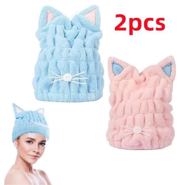 (rosa, blå) Hårtorkhandduk - Ej specificerad - Kattörondesign - Fleece - 23x27 CM - 2-pack