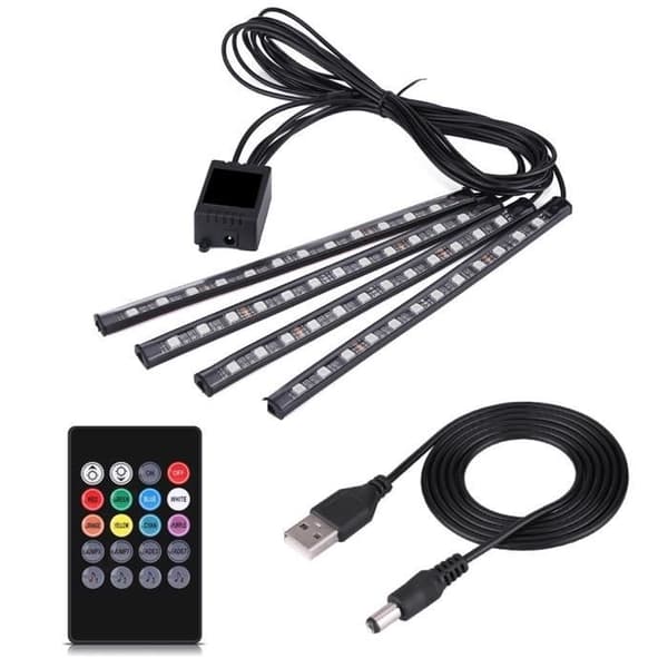 RGB LED-stripelys med IR/stemmekontrollboks 5V 4x 12SMD bilinteriør