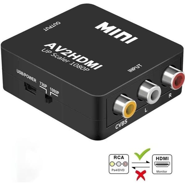 RCA til HDMI-adapter, Zamus Mini AV RCA CVBS til HDMI-konverter S-videoadapter 1080P til PS2 Wii-konsol