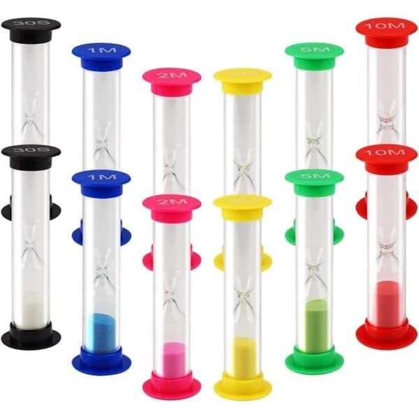 12 stk. timeglas, farverige timeglas, 30 sekunder, 1 minut, 2 minutter, 3 minutter, 5 minutter, 10 minutter, børnetimeglas
