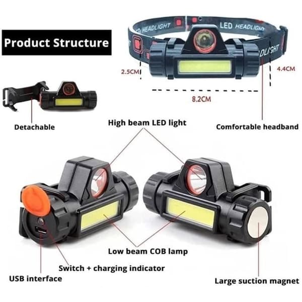 Hodelykt - Svart - MULTISPORT HODELYKT - USB-oppladbar - 100 m - 6 moduser -
