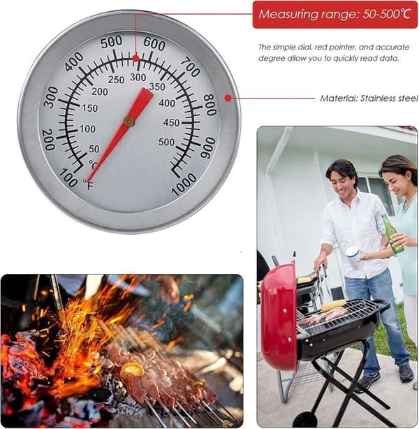 Grilltermometer, ovntermometer i rustfrit stål, analogt displaytermometer, maks. 500°C/1000°F