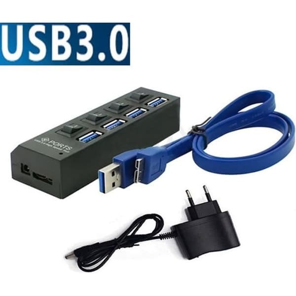 4-ports USB 3.0 hub med strømafbryder/splitter, Plug & Play + strømadapterkabel til pc (EU) GOBRO