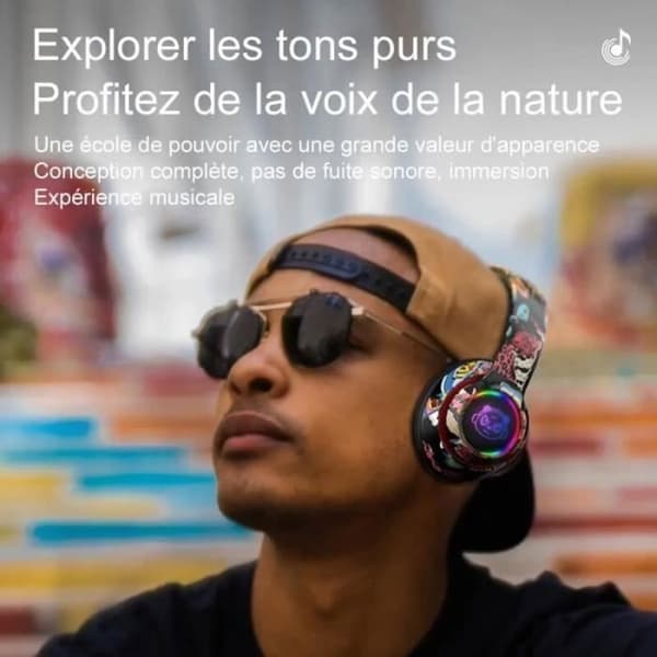 (Svart) Graffiti Sammenleggbart Trådløst Bluetooth Stereo Headset med LED-lys,