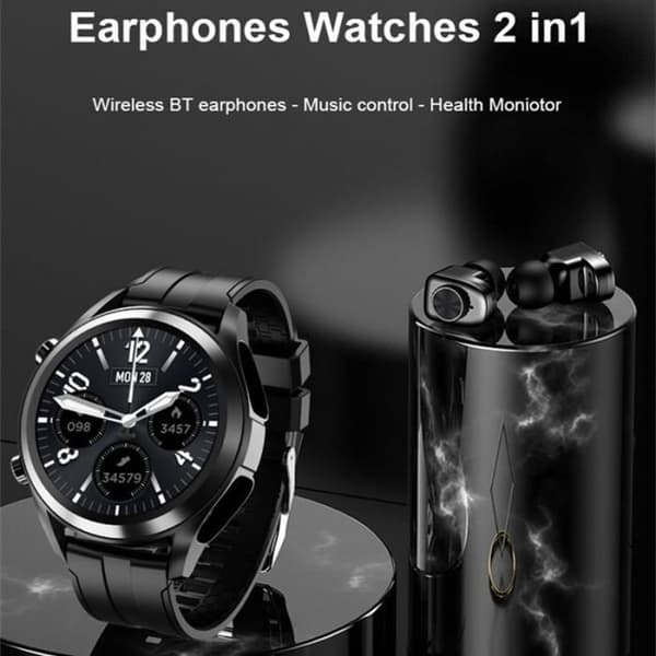 1 Bluetooth-øretelefon Smartwatch til mænd med pulsmåler og blodtryksmåler til Android og iOS - Sort