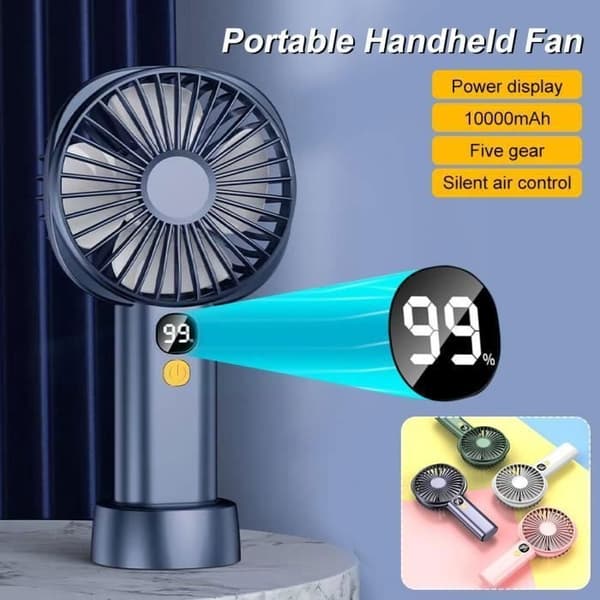 (Blå) Miniventilator - USB - Bærbar - 5 hastigheder - Blå - 10.000 mAh