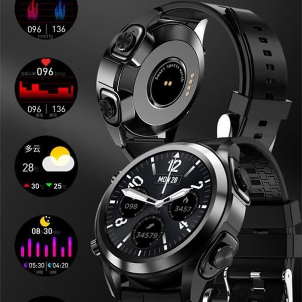 1 Bluetooth-øretelefon Smartwatch til mænd med pulsmåler og blodtryksmåler til Android og iOS - Sort